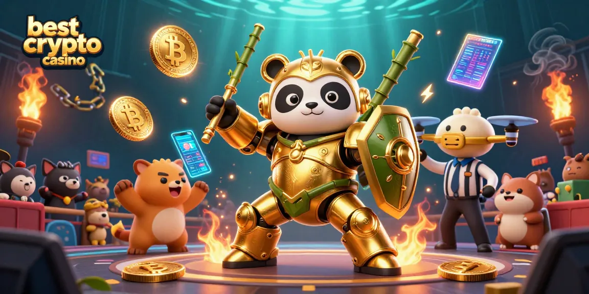 Venez découvrir le meilleur casino crypto avec une illustration immersive et dynamique de jeux et d'éléments de blockchain.