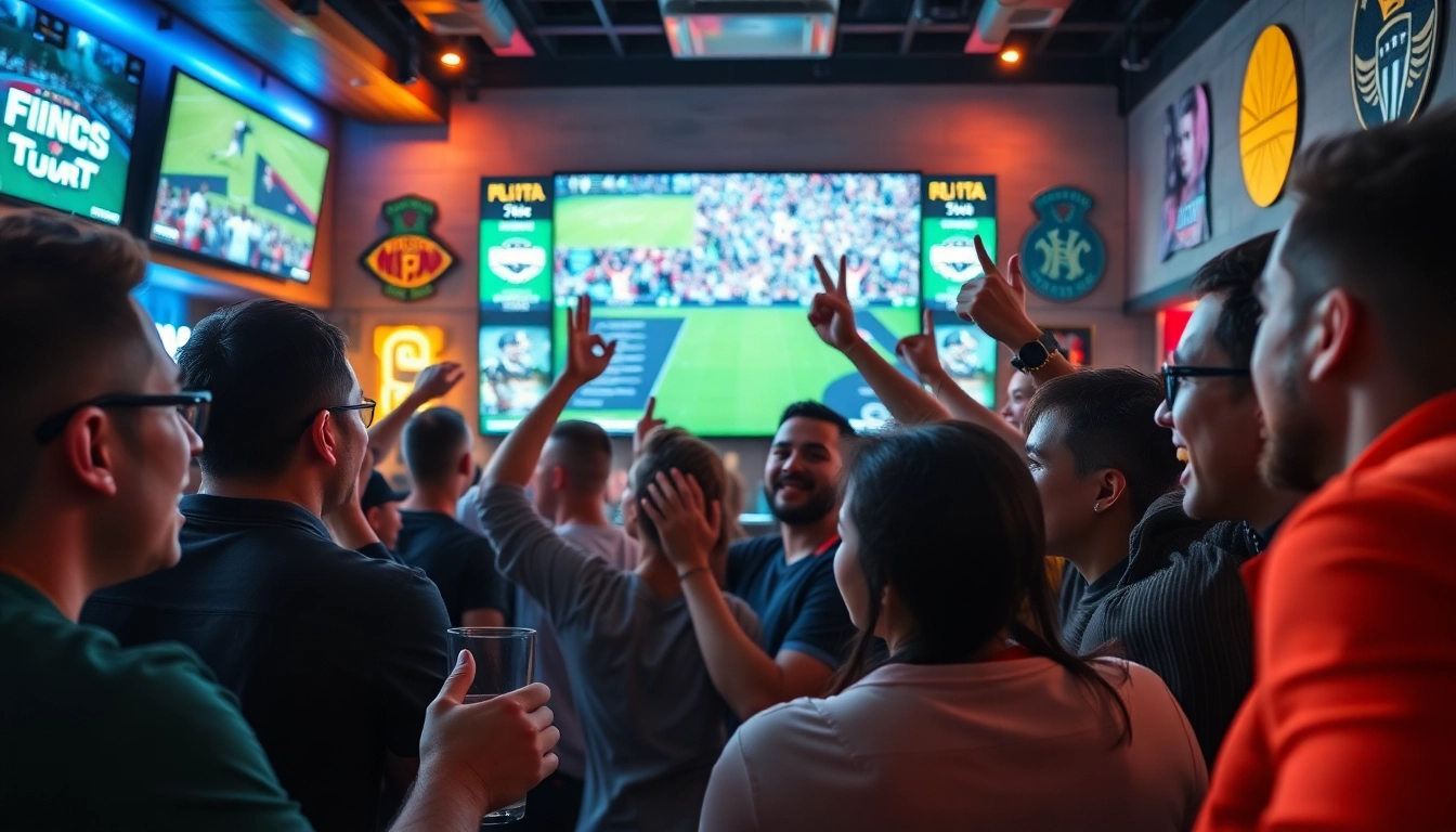 Excited fans enjoying high-definition sports streaming at 토토스토리 sports bar.