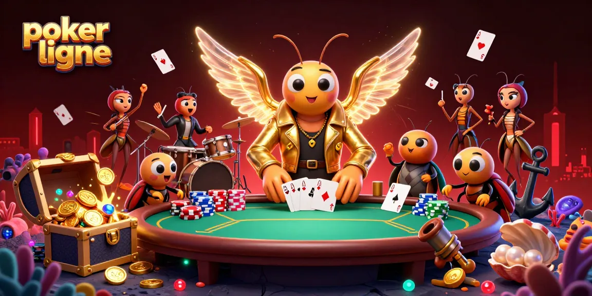 Participez à une partie de poker en ligne animée avec des personnages divertissants, des jetons et des cartes en jeu.