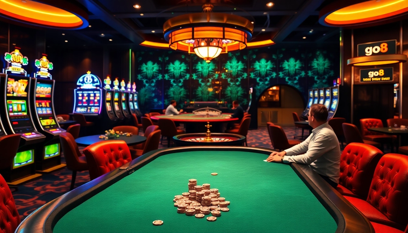 Experience high-stakes gaming at the go8 casino, featuring poker tables and vibrant slot machines.