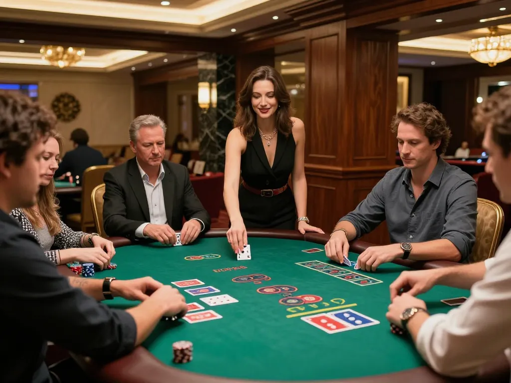 HB88 players enjoying blackjack at a luxurious casino table, engaging in strategic gameplay.
