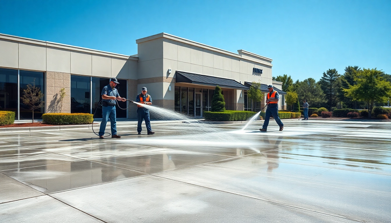 Concrete cleaning team efficiently restoring a commercial property's surface with pressure washing equipment.