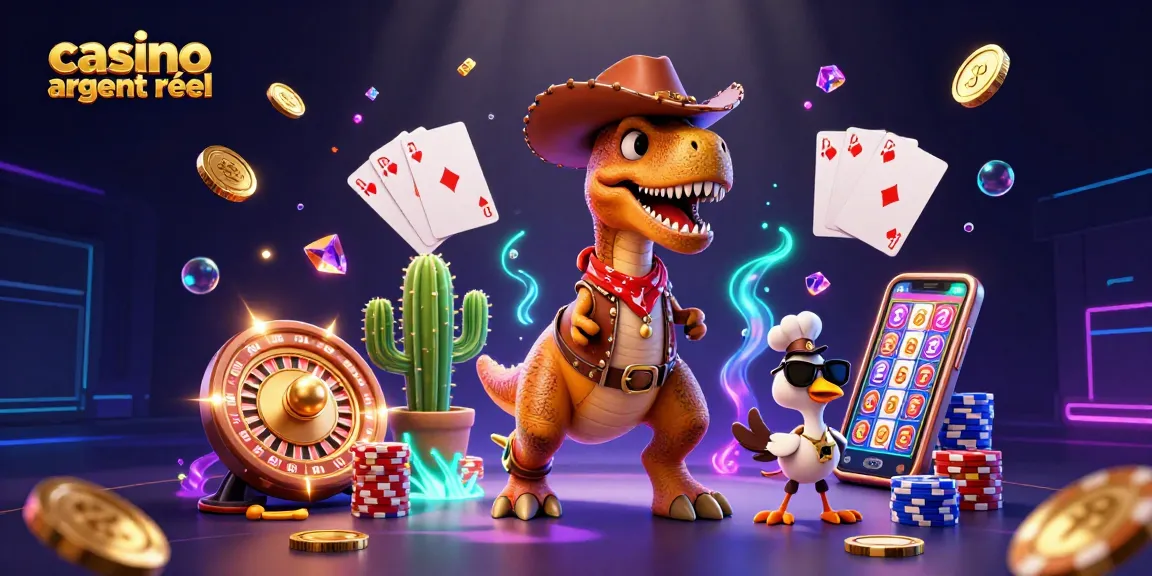 Jouer dans un casino en ligne argent réel avec une illustration dynamique de personnages animés.