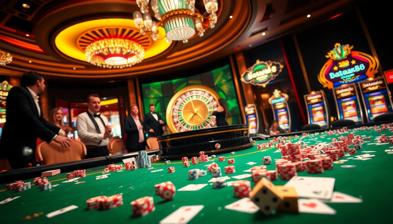 Players enjoying a vibrant Batara88 casino experience at a luxurious gaming table with poker chips and cards.