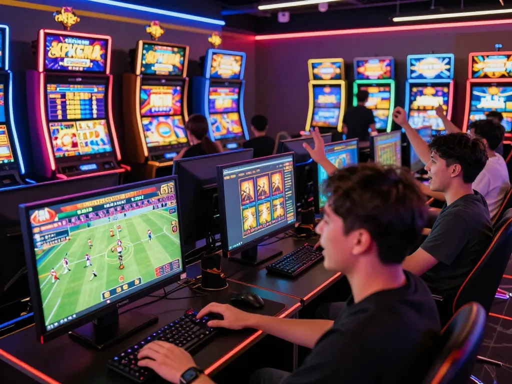 Tr88 com gaming hub with players enjoying sports betting and live casino games in vibrant atmosphere.