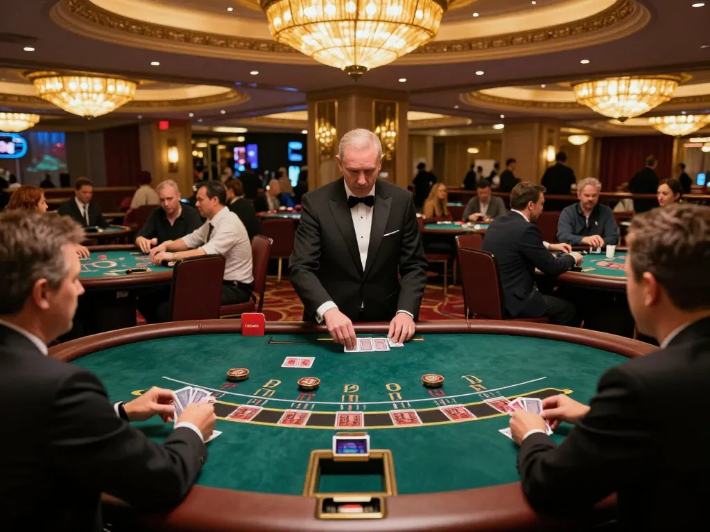 Play blackjack at https://www.mnm88.com/ with lively casino atmosphere, players engaged and dealers managing games.