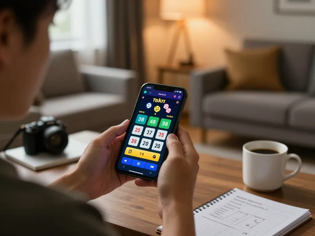 Engaging in tai xiu online gameplay on smartphone in a cozy home office setting