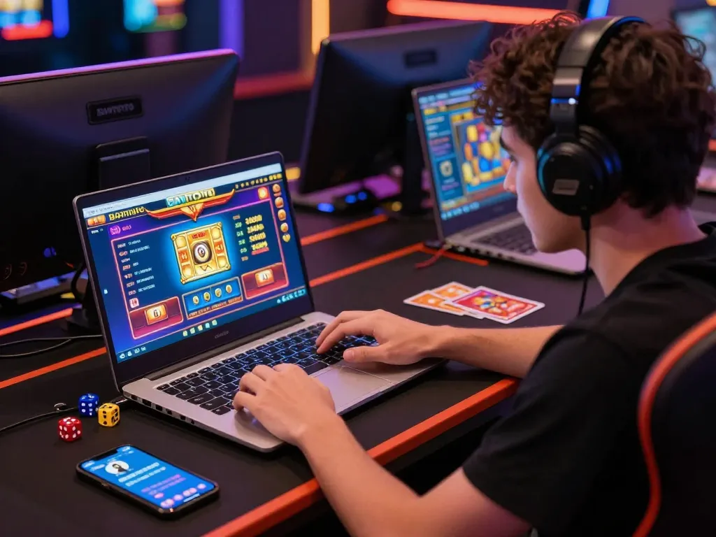 Player engaging with BAYITOTO's online Toto Togel 4D gaming platform, showcasing vibrant graphics and energetic atmosphere.