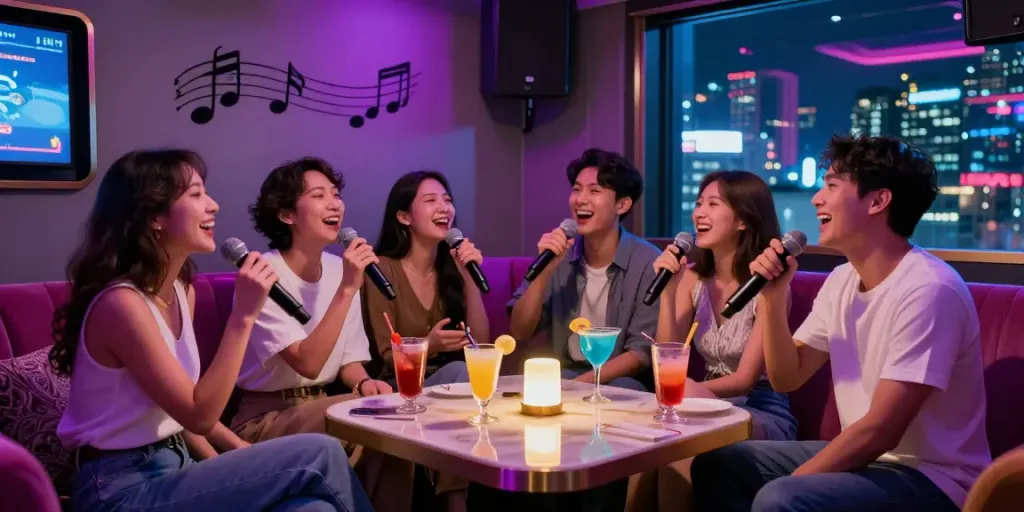 강남도파민에서 친구들과 함께 노래 부르는 즐거운 순간과 화려한 조명이 어우러진 공간