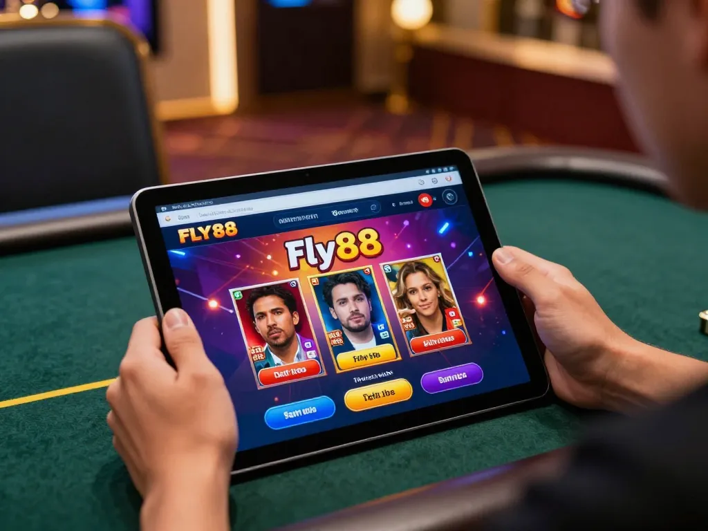 Using fly88 link, player enjoying a thrilling tablet casino experience at home in a cozy setting.