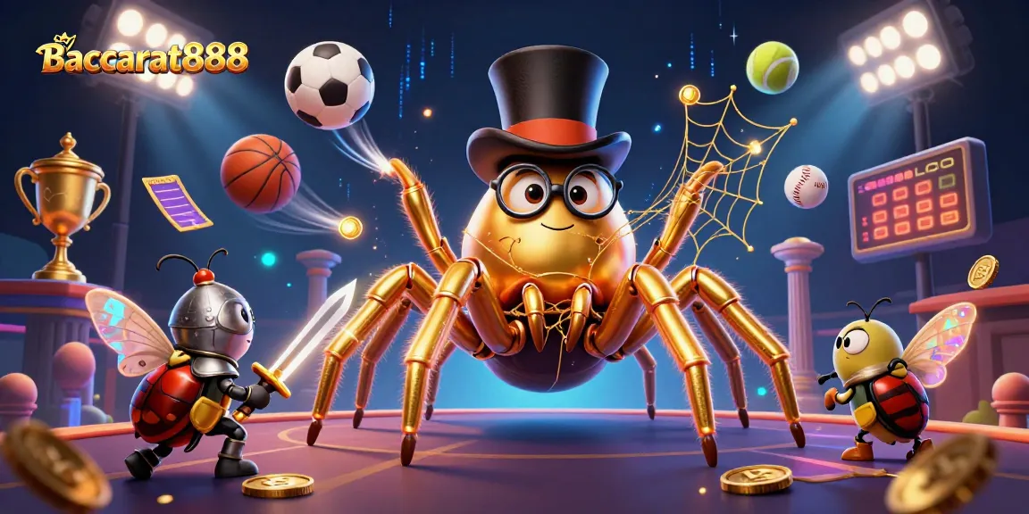 Baccarat888 showcases a vibrant scene with a golden tarantula and beetle knight amidst flying sports balls, highlighting dynamic casino elements.