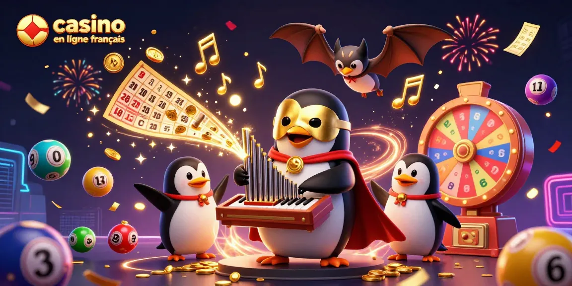 Illustration dynamique d'un casino en ligne français avec un manchot jouant de l'orgue, des ballons de loterie et des pièces d'or volantes.
