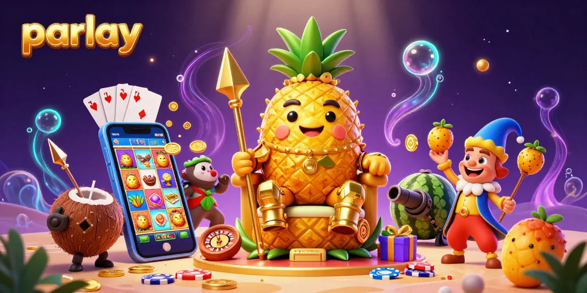 Bettors experience parlay excitement with a golden pineapple king and lively casino backdrop, showcasing dynamic betting elements.