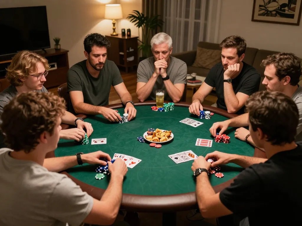 Engaged players strategizing at a home poker night featuring giường bệnh nhân with chips and cards visible.