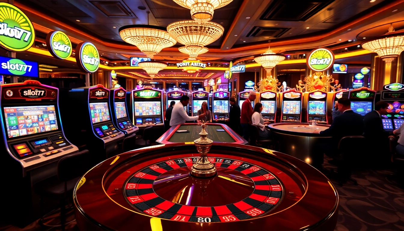 Experience the thrill of winning at slot777 with vibrant slot machines and poker chips.