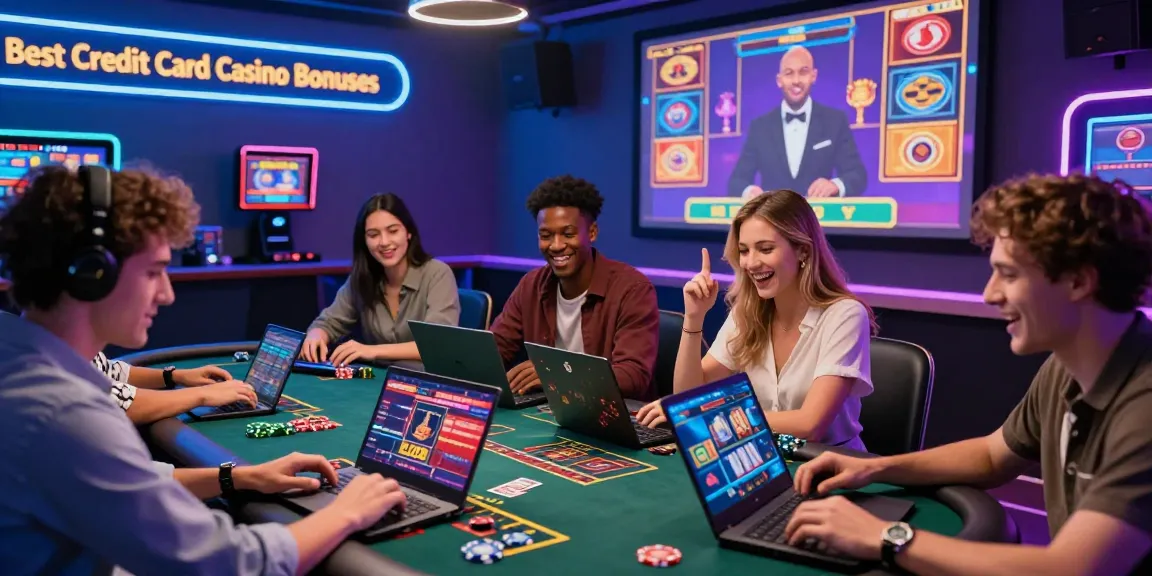 Excited players engaged in credit card gambling sites at a lively online casino, showcasing vibrant graphics and interactions.