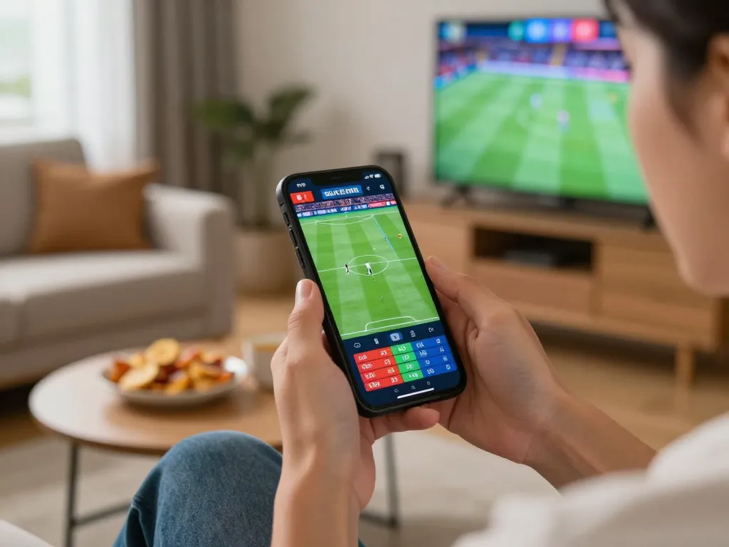 Engaged user placing bets on KP88 using smartphone in cozy home setting.