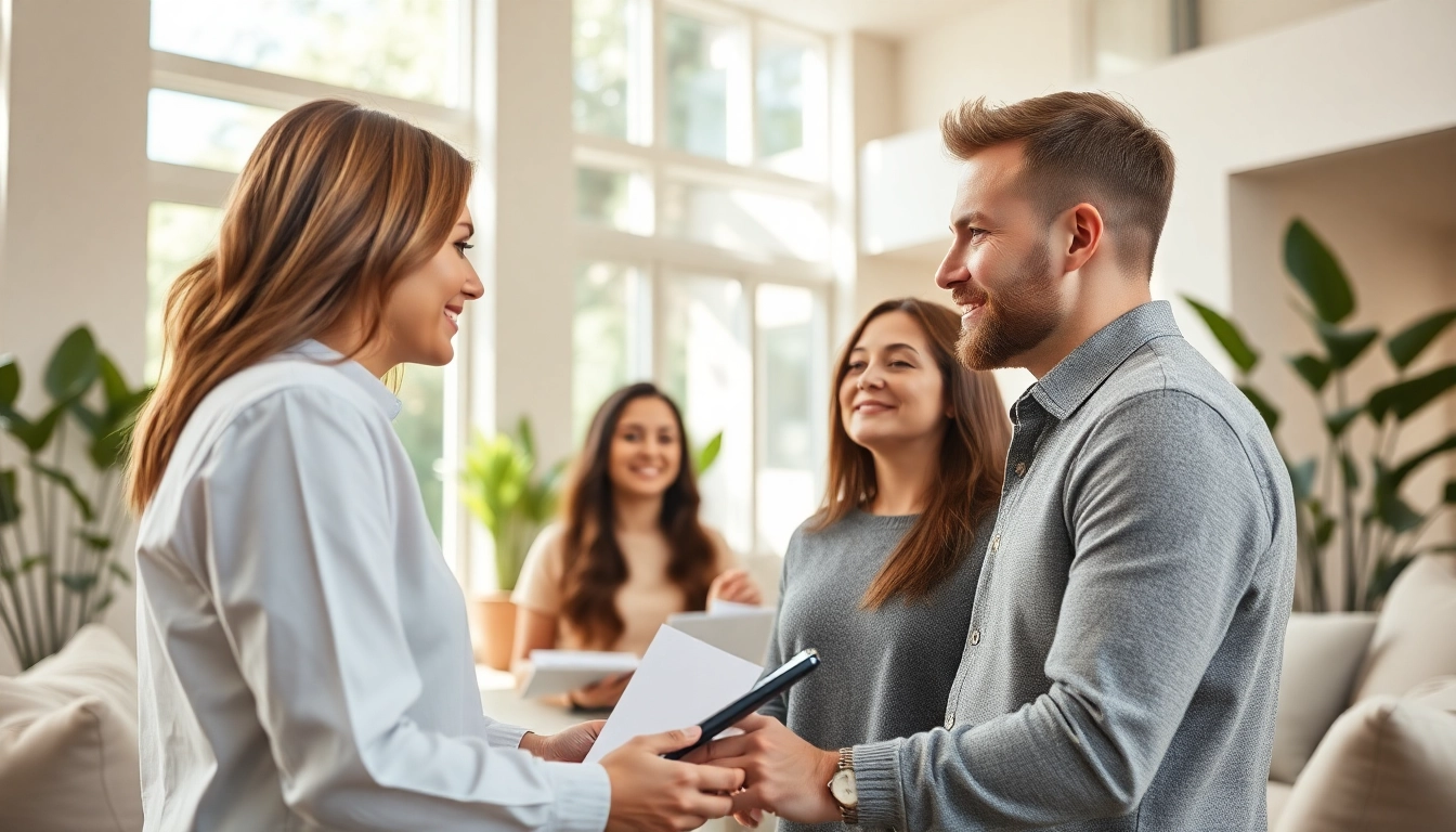 Real Estate agent showcasing a modern home interior to engaged clients.
