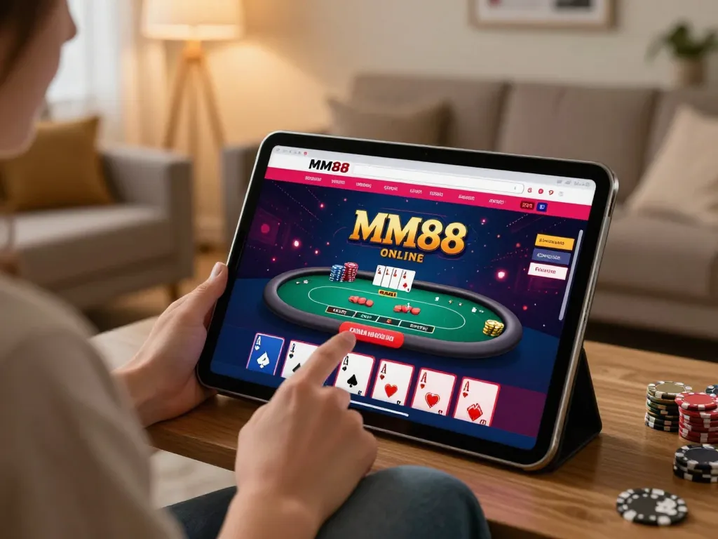 Engaged player enjoying MM88 online casino gameplay on tablet in a cozy home setting