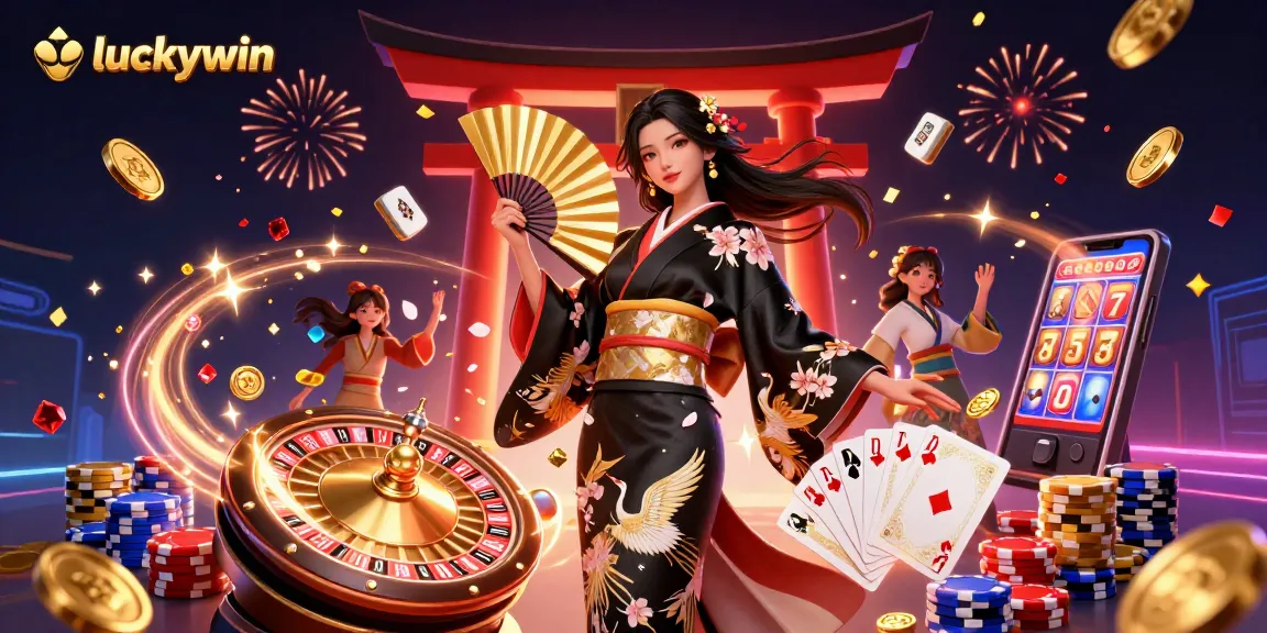 Spin and win at luckywin with colorful casino elements and a stunning Asian model.