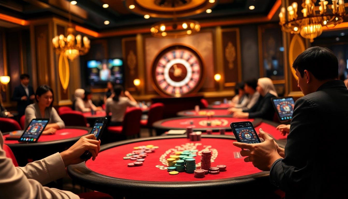 Experience thrilling j88 action at a luxurious casino poker table filled with colorful chips and excited players.