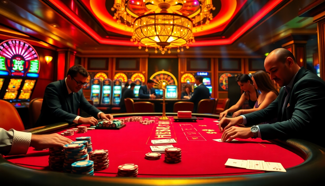 Engaging scene of casino gambling with BDTK66 theme featuring poker tables and roulette wheels.