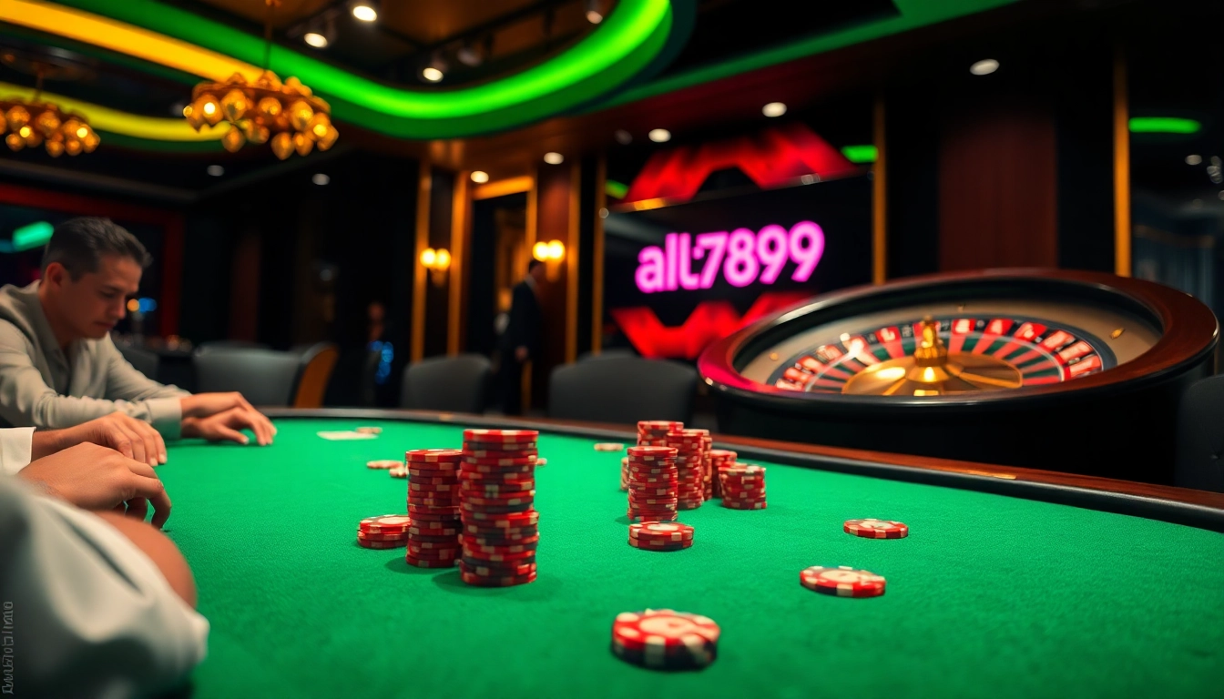 A high-stakes poker table with players engaged, featuring vibrant scenes of gambling at alo789's luxurious casino.