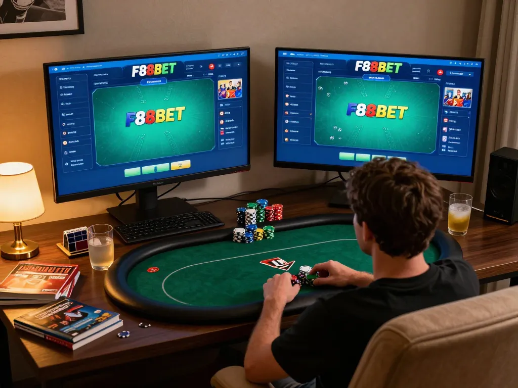 Engaged player enjoying F88BET online poker at home with strategic notes and comfortable setup.