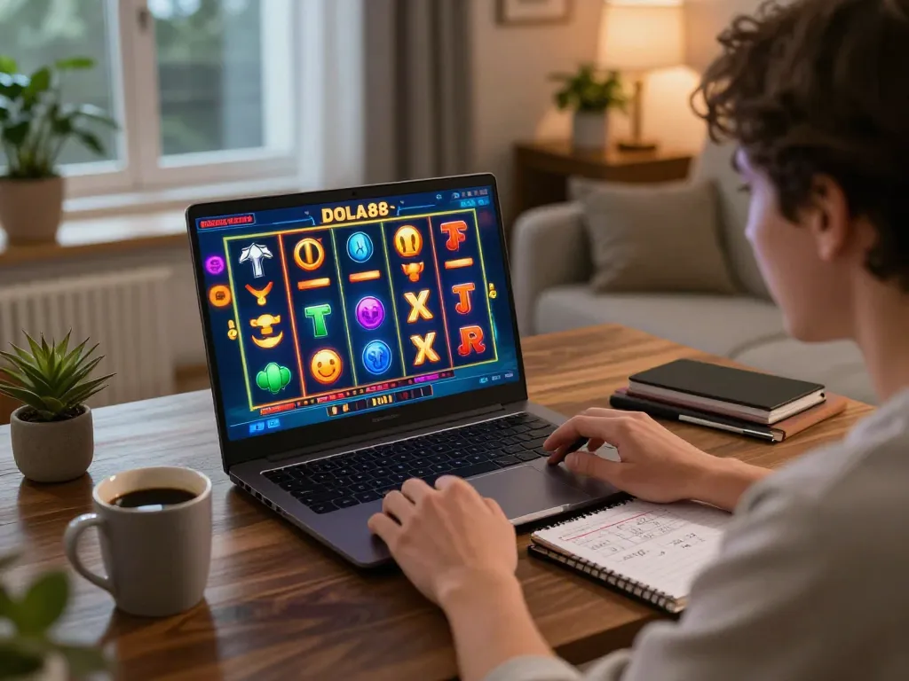 DOLA88 player enjoying an immersive slot game on a laptop in a cozy home environment.