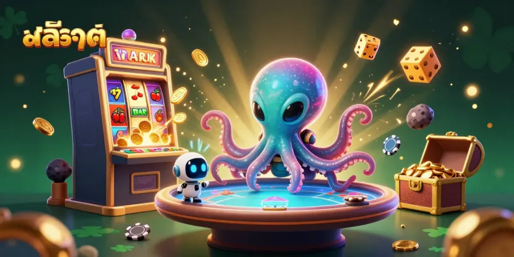 Experience thrilling สล็อต gameplay with a cartoon octopus exploring a vibrant casino world.