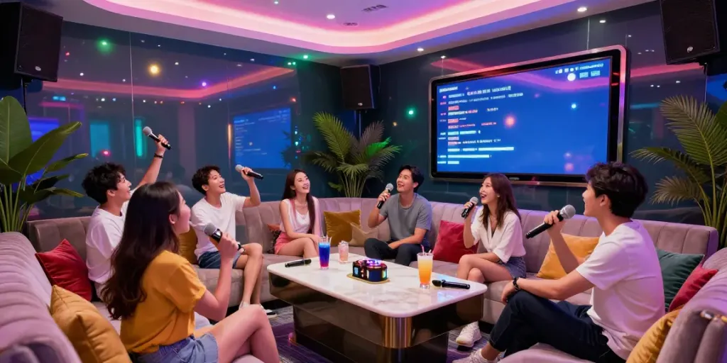 강남 달토의 고급스러운 노래방에서 손님들이 즐겁게 노래를 부르는 모습