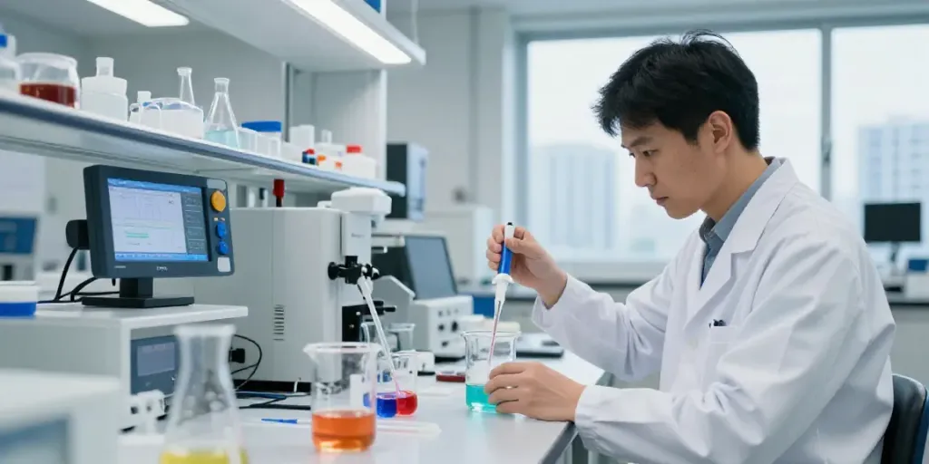 Scene showing a scientist measuring swiss chems peptides in a modern lab, highlighting precision and innovation.