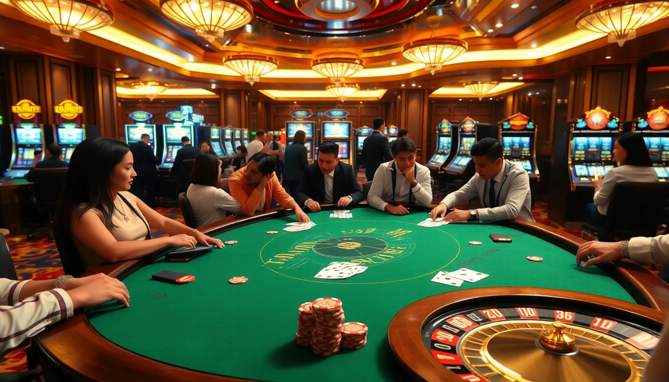 Players enjoying a high-stakes game at the CM88 casino poker table, surrounded by exquisite decor.