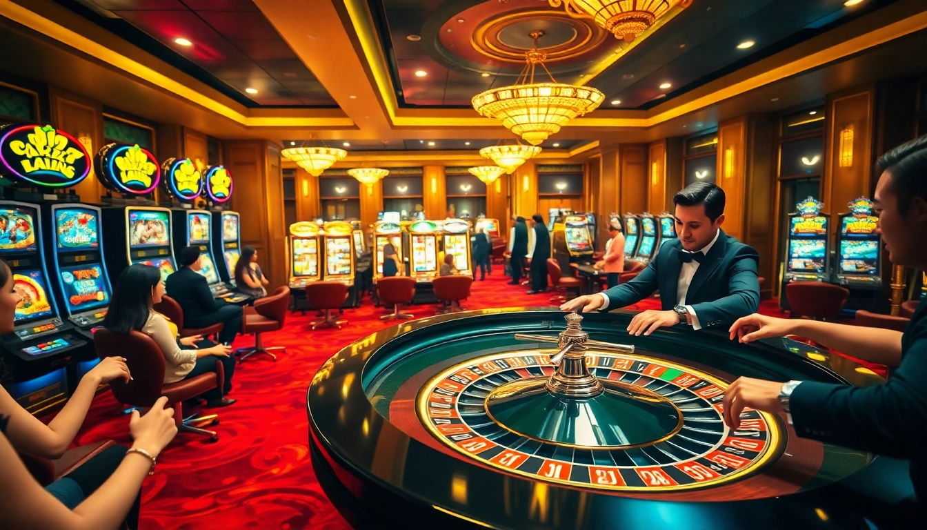 Experience the thrill of apk jaya with vibrant casino scenes featuring roulette and slot machines.