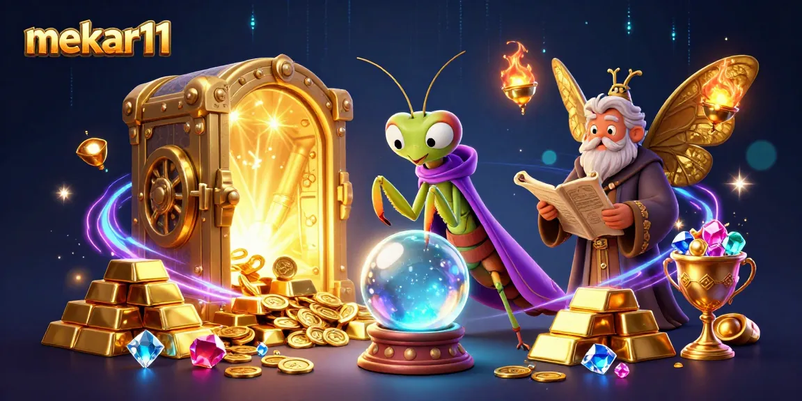 Mekar11 engages gamblers with vibrant 3D casino scene illustrating fortune telling and treasures.