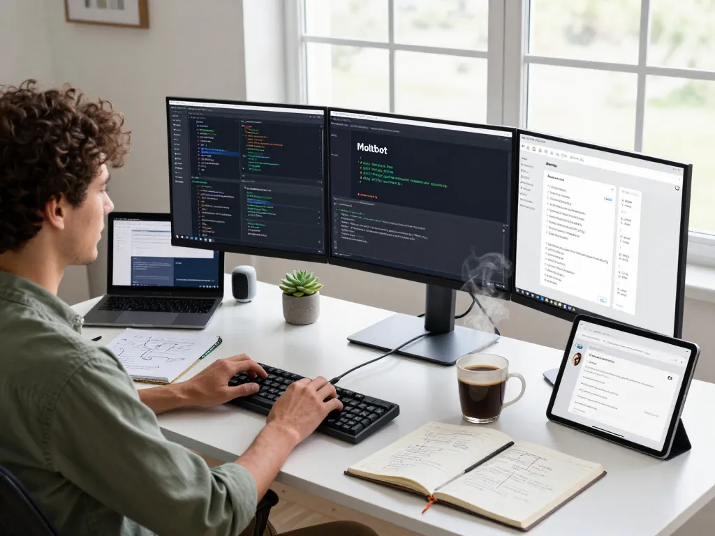 Molt bot user interacting in a modern home office with a developer's workspace equipped with monitors, code, and personal AI tools.