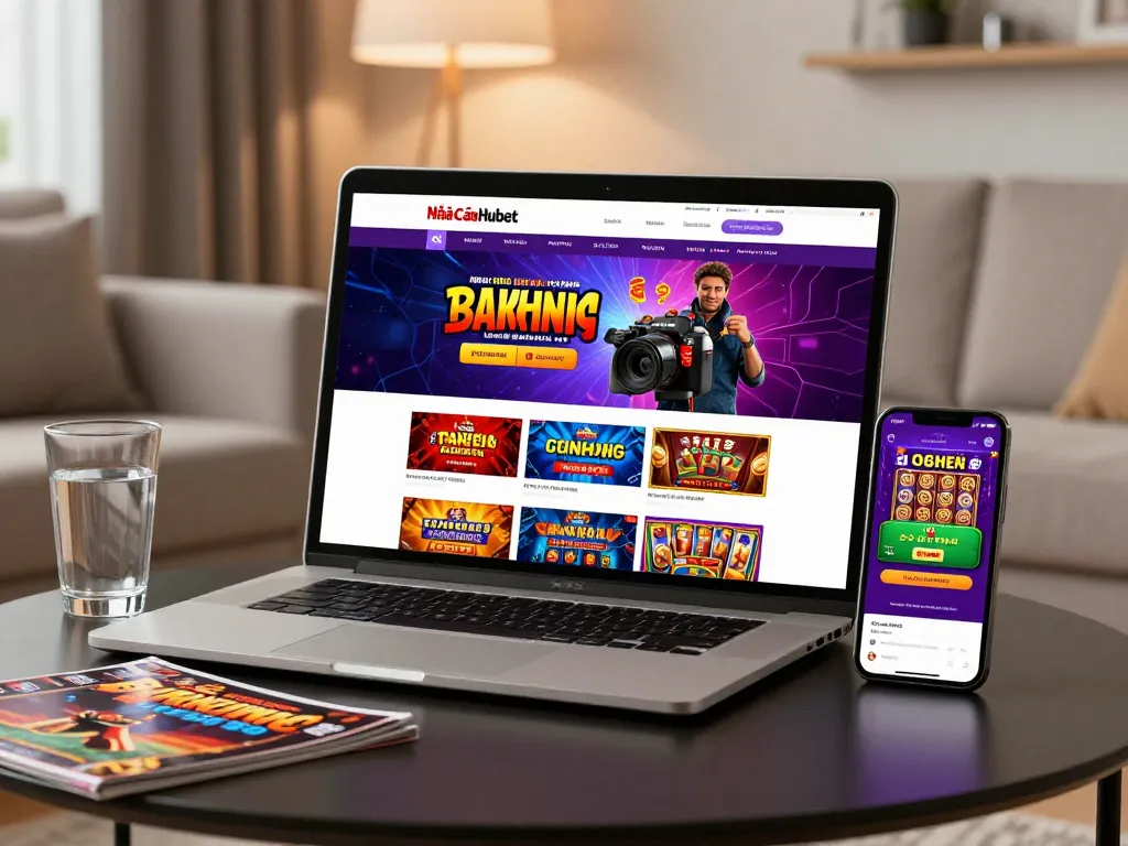 Online gambling platform Nhà Cái Hubet displayed on laptop and smartphone in a cozy living room.