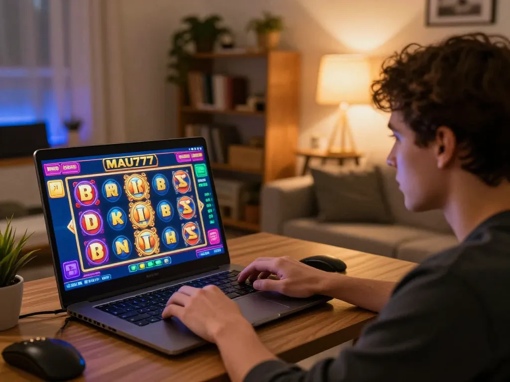 Terlibat dalam MAU777 daftar saat bermain slot online, menampilkan suasana permainan yang hidup di rumah.