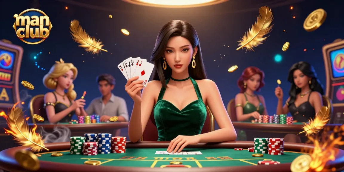 Play at man club with a stunning Asian woman at a vibrant poker table, capturing the thrill of casino gaming.