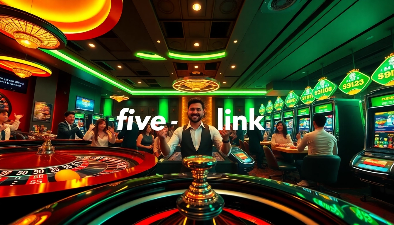 A thrilling online gambling scene featuring the five88 link on a modern casino interface with poker chips and a roulette wheel.