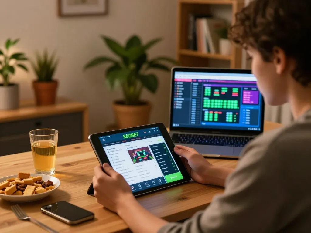 SBOBET app display on tablet in a cozy home gaming setup with snacks nearby