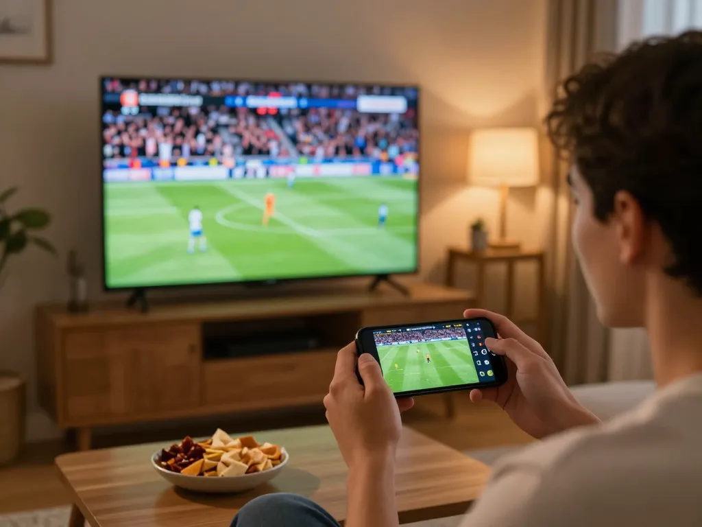 Socolive viewer celebrating a soccer match in a cozy living room with snacks and smartphone stats.