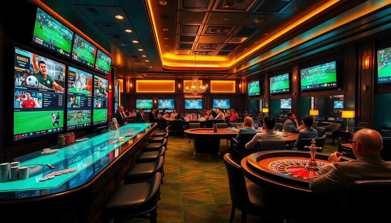 Engage with the sportbook atmosphere filled with luxury betting options and excited players at a high-end casino.