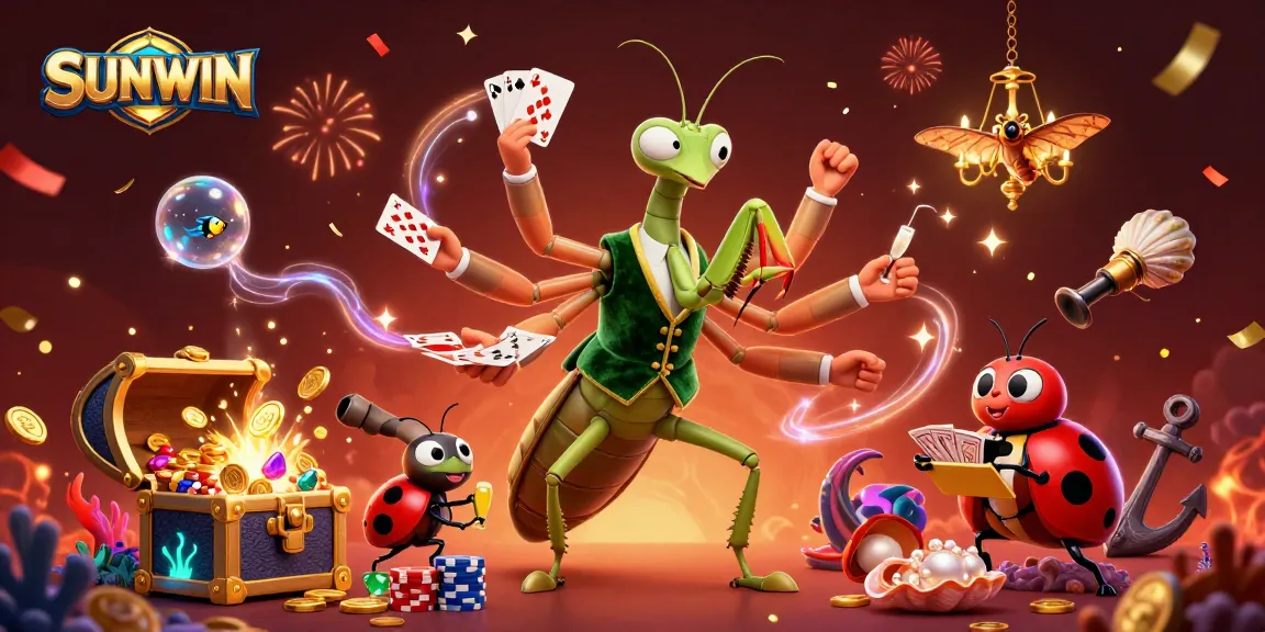 SUNWIN presents a vibrant 3D casino scene with a praying mantis card sharp and ladybug pit boss, showcasing thrilling gaming action.