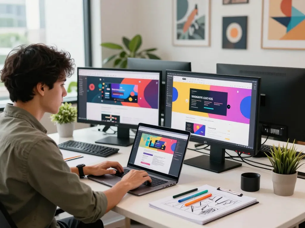 Freelance web designer in KL creating dynamic website mockups in a modern workspace.