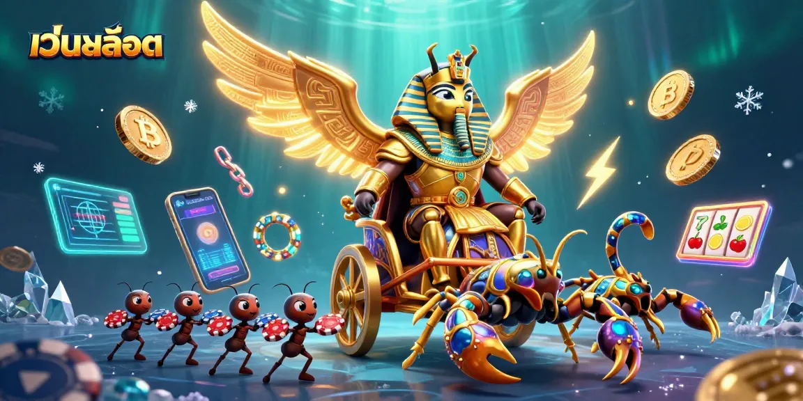 Engage in exciting เว็บสล็อต adventures with a colossal golden scarab beetle and vivid slot elements in a dynamic casino scene.