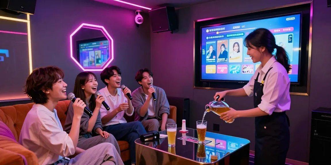 인천쓰리노의 활기찬 노래방에서 친구들과 즐거운 시간을 보내는 모습, 화려한 조명과 분위기가 돋보이는 장면