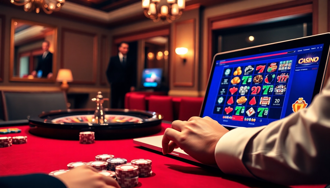 Jeu de casino en ligne avec des jetons de poker et une roue de roulette dans un cadre élégant.