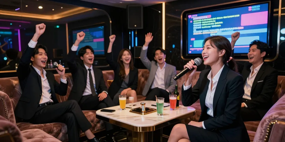 강남가라오케에서 프리미엄 서비스를 경험하는 모습, 더 마이크룸 강남의 고급스러운 인테리어와 분위기를 보여줍니다.