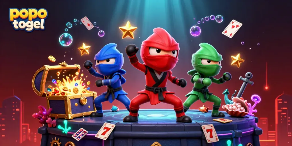 Menangkan permainan popo togel dengan ilustrasi 3D tim ninja chameleon di latar belakang kasino.